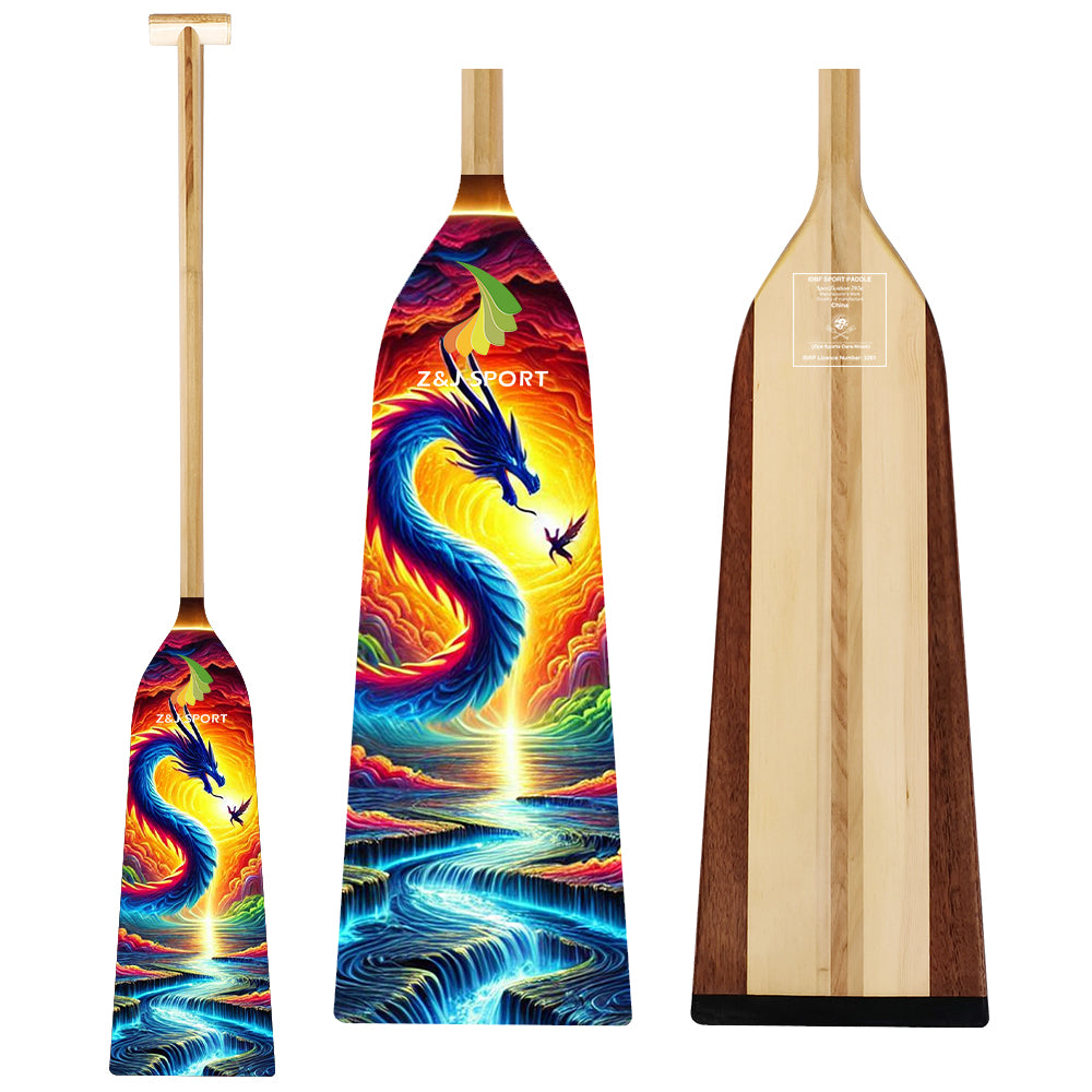 The display features three ZJ SPORT paddles: two ZJ IDBF Approved Wooden Dragon Boat Paddles adorned with vivid dragon artwork in red, blue, and yellow, accented by swirling clouds and water, while the third paddle maintains a classic wooden finish.