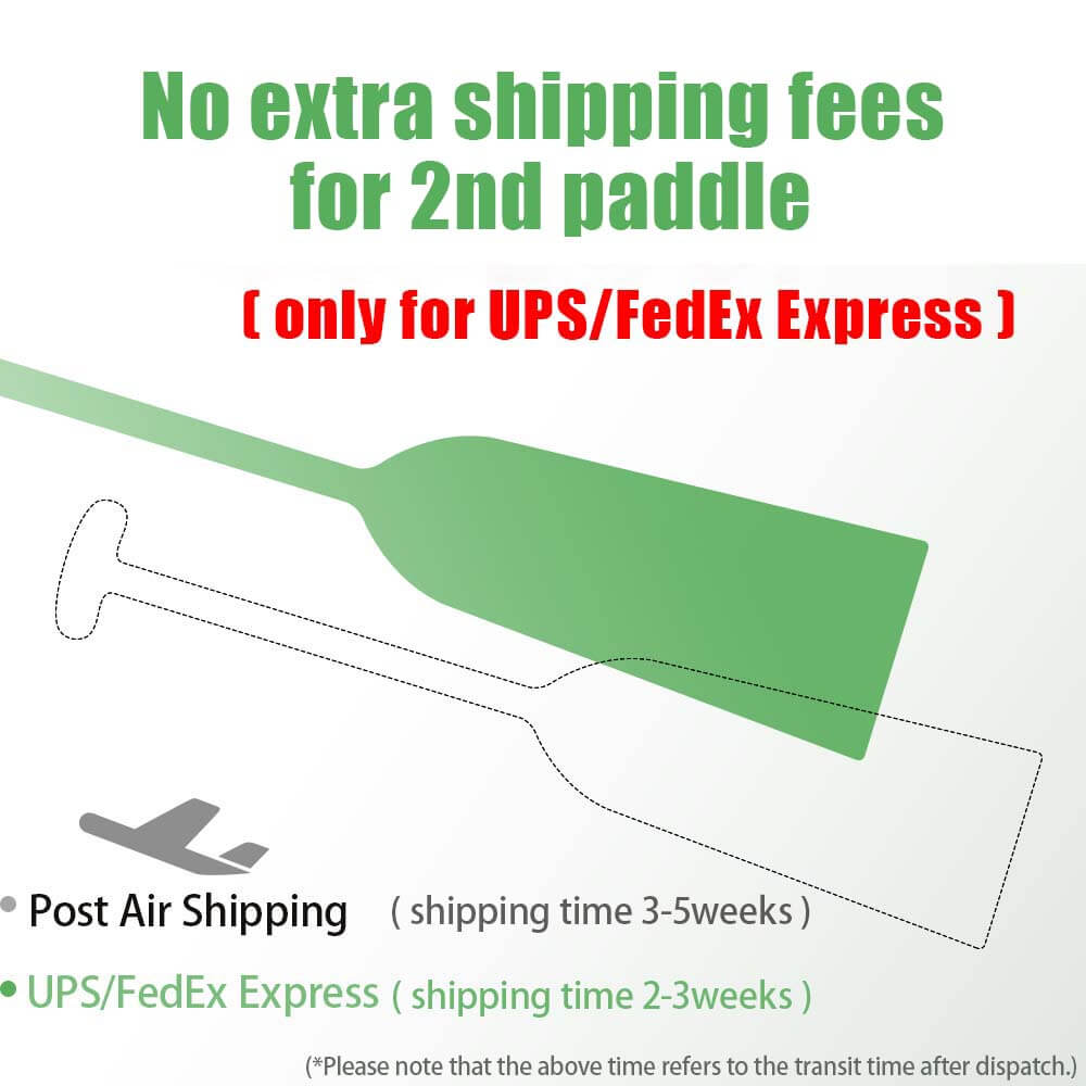 Graphic highlights shipping options for a second ZJ SPORT Carbon Fiber Matte Dragon Boat Paddle (SWORD) at no extra cost via UPS/FedEx Express, with an illustration of two paddles. Includes transit times: Post Air Shipping (3-5 weeks), UPS/FedEx Express (2-3 weeks).
