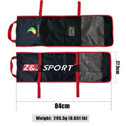 Two black and red ZJ Paddle Bags, designed for sea kayak and whitewater paddles, are shown. Each bag measures 84cm in length, 27.5cm in width, and weighs 295.5g (0.651 lb). They are crafted from wear-resistant materials for durability and feature the Z&J SPORT text with a leaf logo.