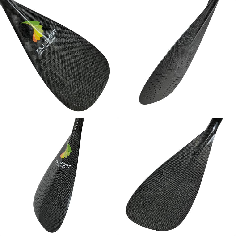 Four paddle blade images from the ZJ High Performance Outrigger Canoe Paddle show carbon fiber texture. Two feature a yellow and green leaf logo with ZJ SPORT, while the other two highlight the intricate texture with a progressive power curve design.