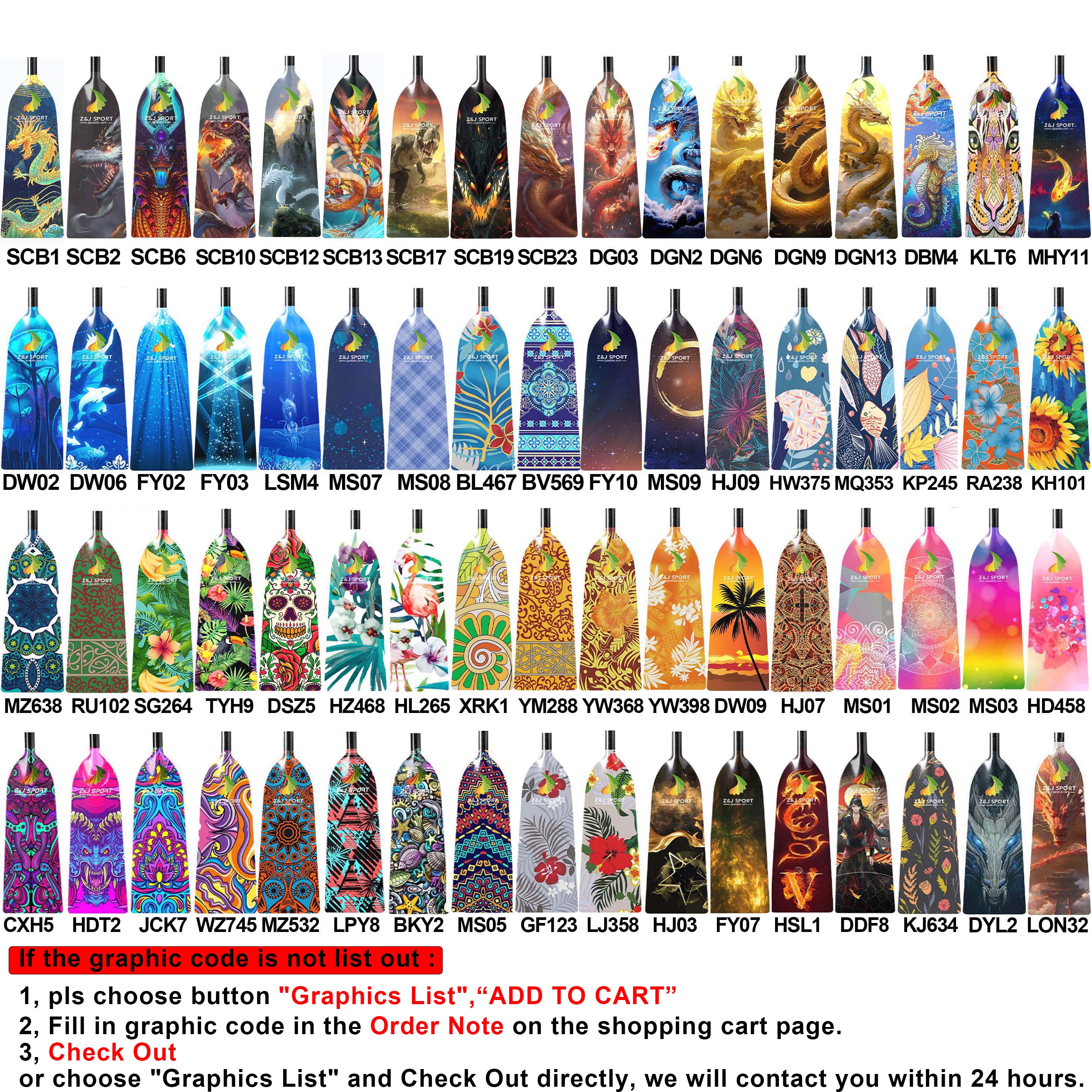 A series of decorative containers with unique designs displayed in rows, each featuring a distinct graphic code. The bottom section guides selecting and ordering items, similar to choosing the ZJ IDBF Approved Carbon One Piece Dragon Boat Paddle With Custom Graphic by ZJ SPORT.