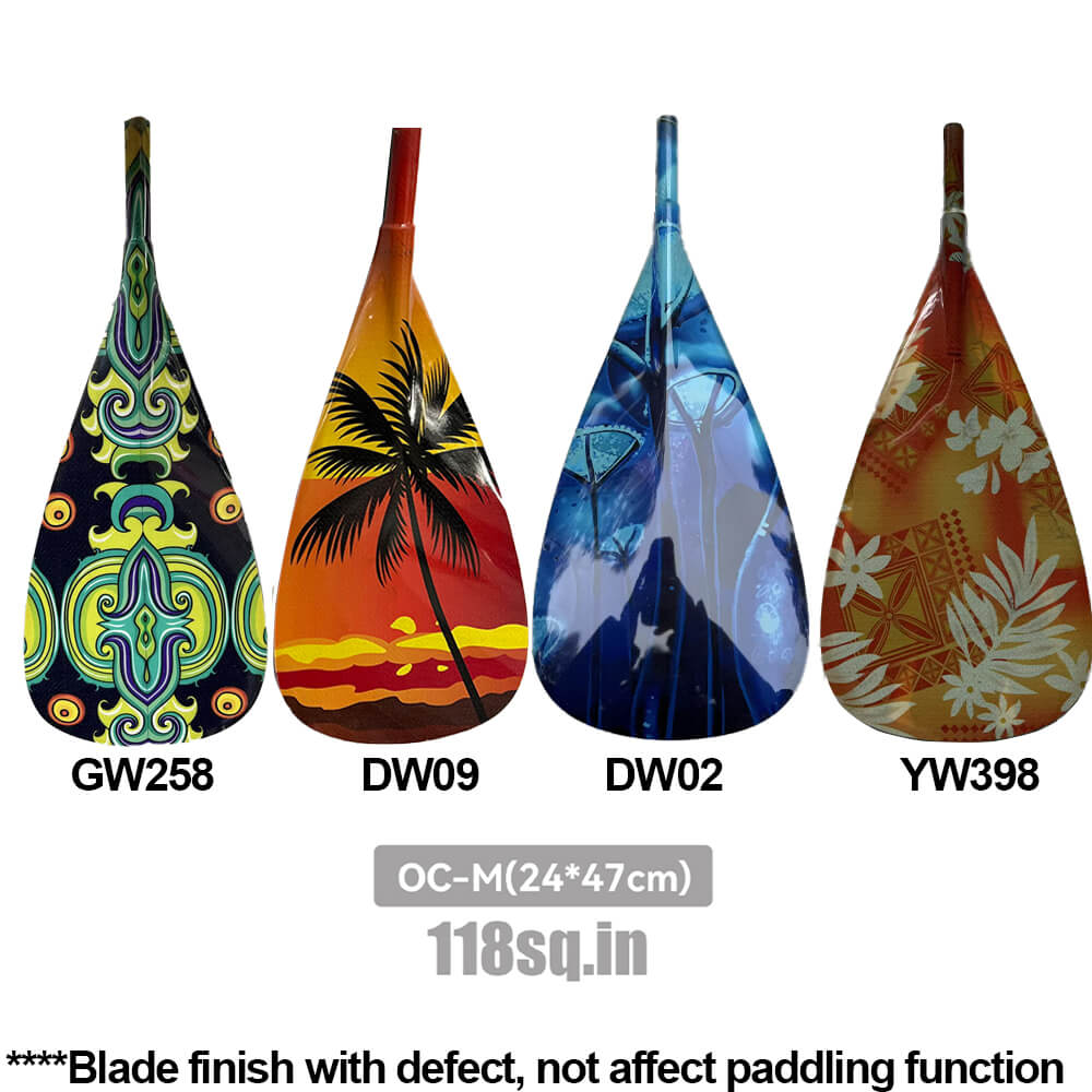 The ZJ Factory Second Hybrid Carbon Outrigger Canoe Paddles for VAA WAKA feature four paddle blade designs: green psychedelic, sunset with palm tree, blue abstract, and red-orange floral. Minor photo imperfections do not impact paddling performance.