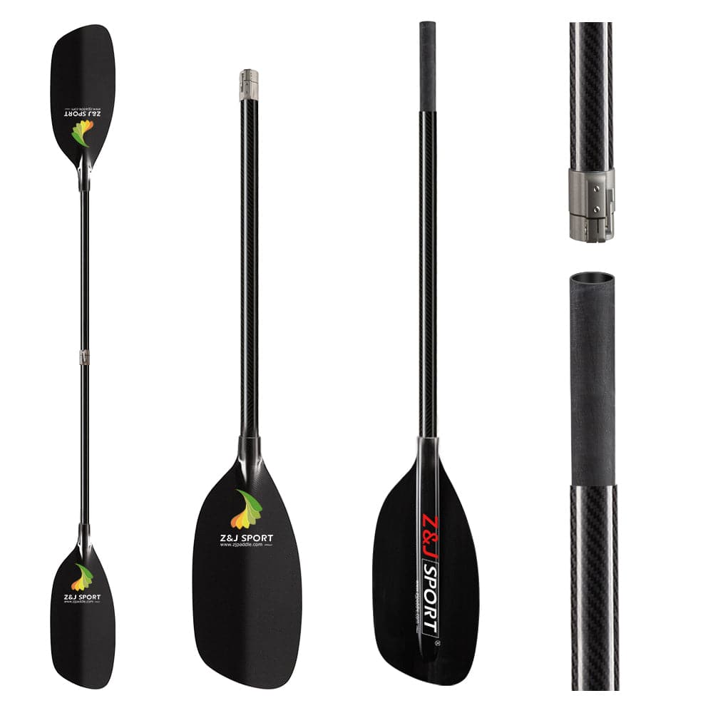 The ZJ Classic Full Carbon Whitewater Paddle by ZJ SPORT features a black, two-bladed design with a carbon fiber shaft and blade. It showcases the brands logo near the blades and has a locking mechanism. Its textured shaft is ideal for easy navigation during whitewater paddling.