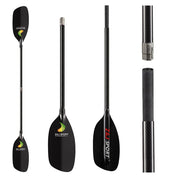 The ZJ Classic Full Carbon Whitewater Paddle by ZJ SPORT features a black, two-bladed design with a carbon fiber shaft and blade. It showcases the brands logo near the blades and has a locking mechanism. Its textured shaft is ideal for easy navigation during whitewater paddling.