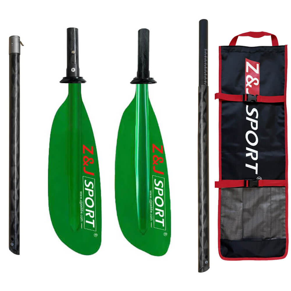 Set of green sea kayak paddles from ZJ SPORT with two detachable translucent fiberglass blades and carbon fiber shafts, plus a black and red carrying bag labeled ZJ SPORT.
