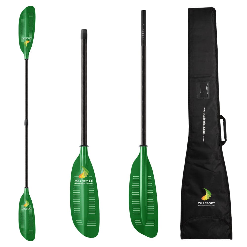 The ZJ Translucent Fiberglass Sea Kayak Paddle (SKR-III) by ZJ SPORT features green fiberglass blades with a sleek black carbon fiber shaft, ZZJ SPORT on the blade, and includes a black carrying bag, ideal for storage. Shown from three angles.