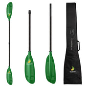 The ZJ Translucent Fiberglass Sea Kayak Paddle (SKR-III) by ZJ SPORT features green fiberglass blades with a sleek black carbon fiber shaft, ZZJ SPORT on the blade, and includes a black carrying bag, ideal for storage. Shown from three angles.
