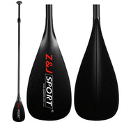 The ZJ 3-Piece Carbon Adjustable SUP Paddle GUI Model by ZJ SPORT features a black paddle with their logo on the shaft and blade, showcasing a textured carbon fiber finish and an ergonomic handle. Images include two close-ups of the adjustable blade and a full view of the entire paddle.