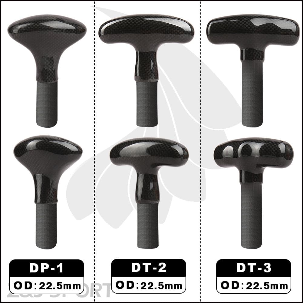 The image displays three ZJ SPORT black T-bar shifter knobs crafted from carbon material, labeled DP-1, DT-2, and DT-3, each with a 22.5mm diameter. The ZJ Lightweight Prepreg Carbon Handle offers free shipping and the DT-2 features a rounder top for a refined touch to your shopping experience.