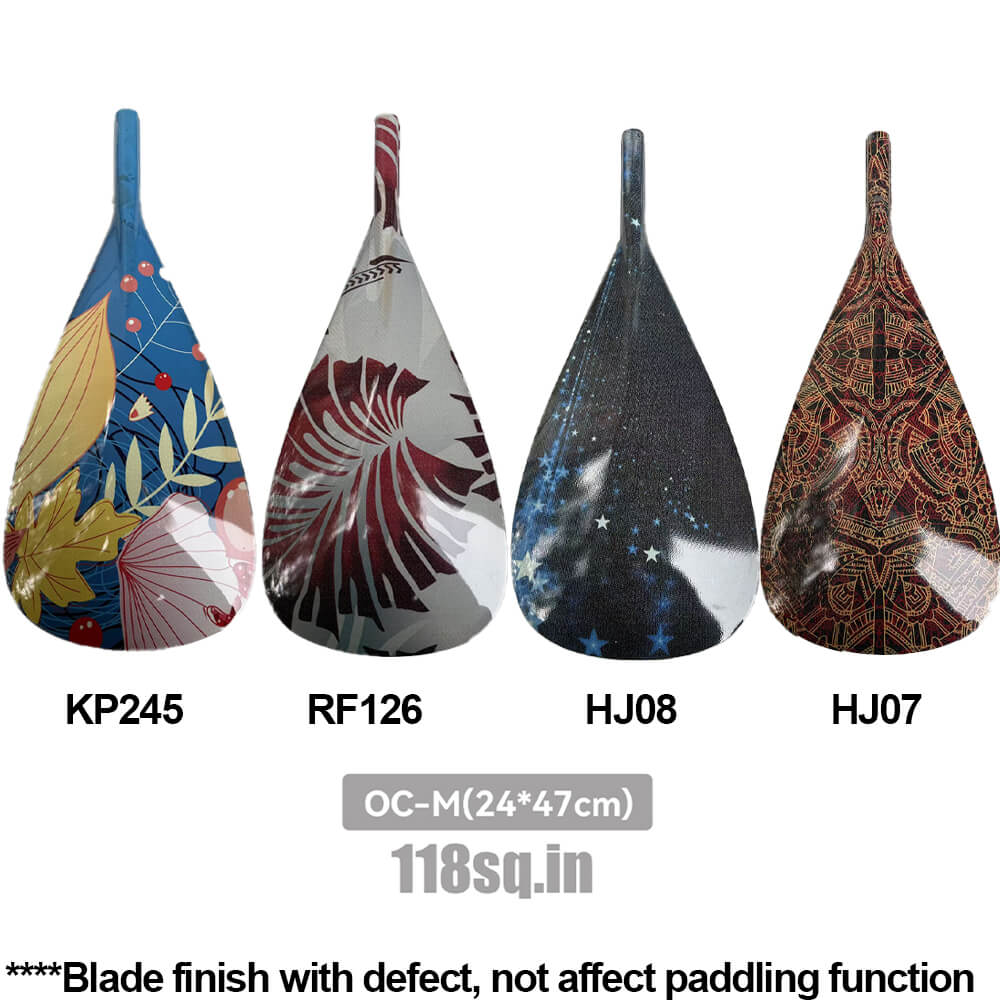 The ZJ Factory Second Hybrid Carbon Outrigger Canoe Paddle line features unique blades KP245, RF126, HJ08, and HJ07. Blade OC-M (24x47cm) is included. Despite 118 sq.in. finish imperfections, function is unhindered. Photos accurately depict each paddles specifications.
