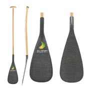 Displayed are two ZJ SPORT paddles for water sports, each with a handcrafted wooden shaft; one is straight, and the other is bent. Both feature carbon fiber blades with a green and yellow leaf logo and Z&J SPORT, perfect for waka ama paddle enthusiasts.