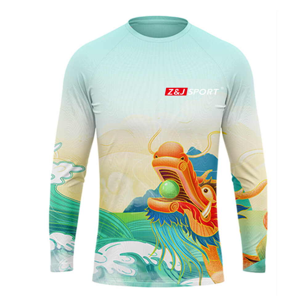 This custom-made, long-sleeve sports shirt, named the ZJ Dragon Boat T-Shirts, features a vibrant dragon design with aquatic elements and a light blue to beige gradient, ideal for team apparel. The Z&J Sport logo is prominently displayed on the upper chest.