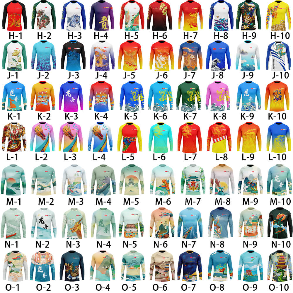 The ZJ Dragon Boat T-Shirts, custom-made for teams, feature long sleeves and unique designs such as landscapes and abstract patterns. Each shirt, labeled H-1 to O-10, offers a vibrant mix of reds, blues, greens, and yellows for standout team apparel.