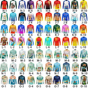 The ZJ Dragon Boat T-Shirts, custom-made for teams, feature long sleeves and unique designs such as landscapes and abstract patterns. Each shirt, labeled H-1 to O-10, offers a vibrant mix of reds, blues, greens, and yellows for standout team apparel.
