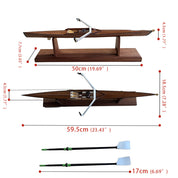The zijie ZJ Handcrafted Wooden Rowing Boat Model Miniature, reminiscent of classic canoes and kayaks, is displayed on a 77cm tall stand. This 50cm long model includes oars measuring 59.5cm and features dimensions marked in red: 45cm wide and 77cm high, ideal for nautical enthusiasts.
