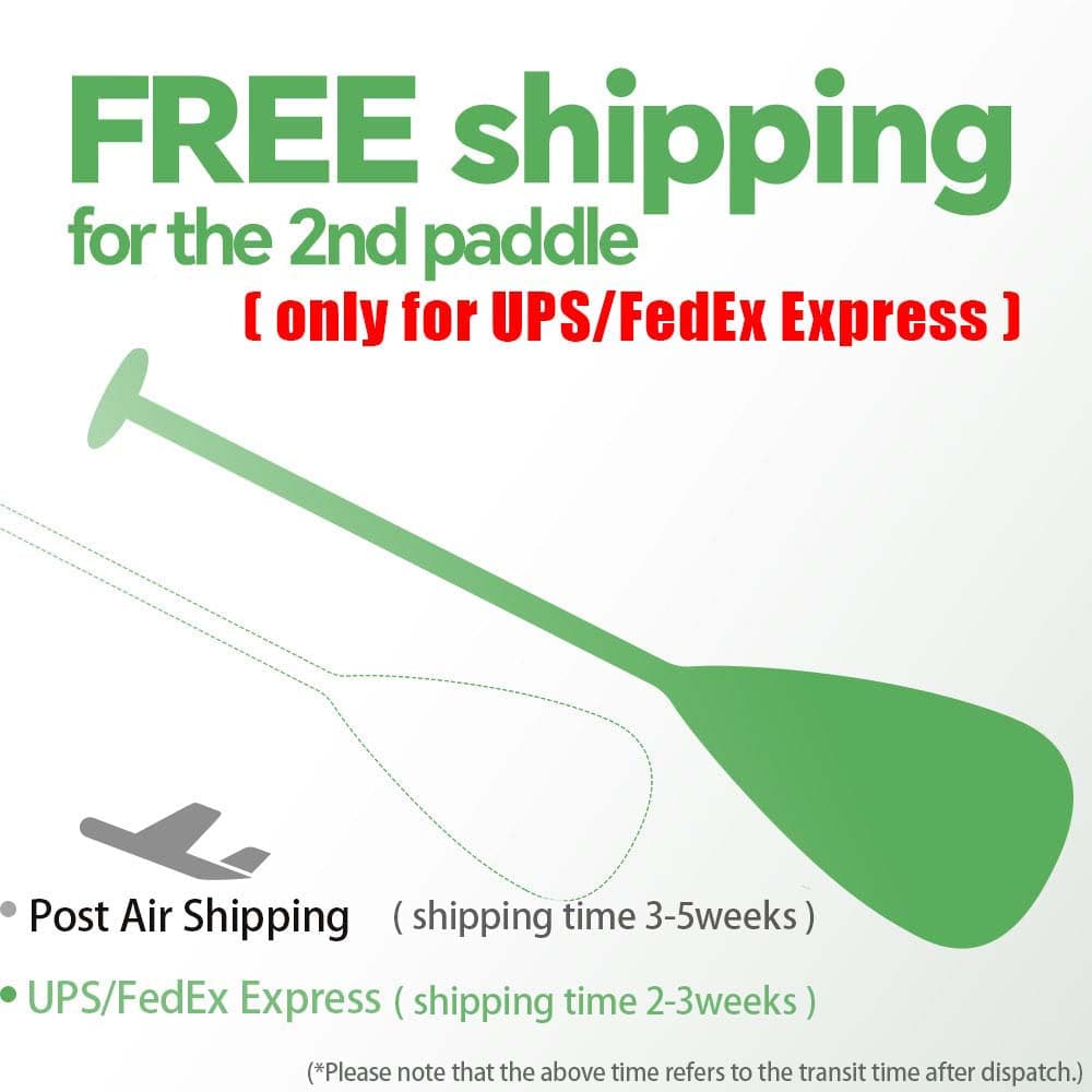 Showcasing ZJ SPORTs offer of free shipping for a second ZJ Full Carbon Outrigger Canoe VAA Paddle with Graphic On Blade and icons featuring the waka ama paddle and a plane. Shipping options: Post Air (3-5 weeks) and UPS/FedEx Express (2-3 weeks). Includes an ergonomic T-handle for comfort.
