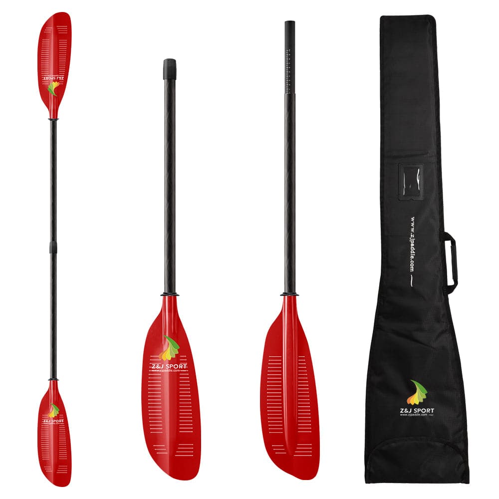 ZJ SPORTs ZJ Translucent Fiberglass Sea Kayak Paddle (SKR-III) features a slit in the blade and an adjustable black handle. It comes in three sections or fully assembled, with a logoed carrying bag with shoulder strap—ideal for low-angle touring.