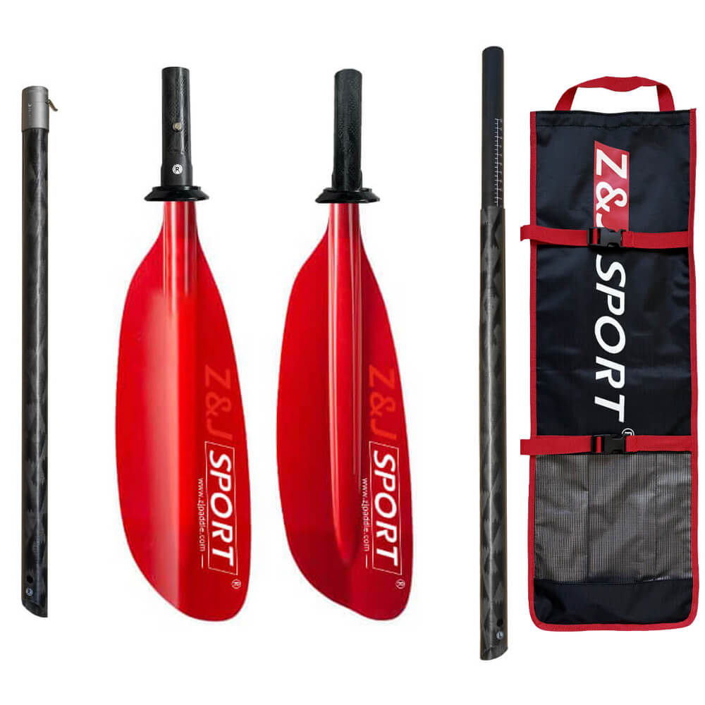 The ZJ SPORT SKR-III is a red sea kayak paddle with translucent fiberglass blades and a carbon fiber shaft. It comes with a black and red carrying case featuring transparent pockets, ideal for any seakayak enthusiast.