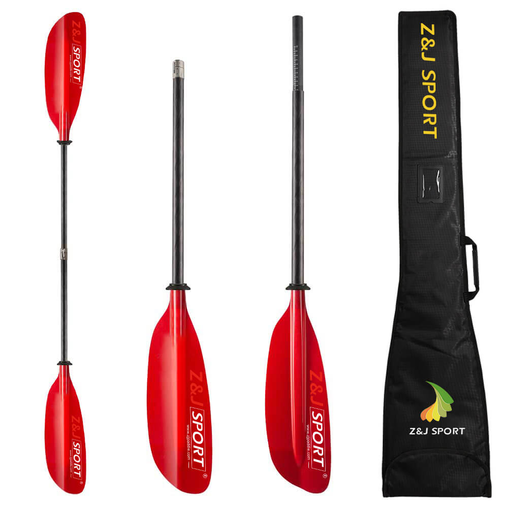 The ZJ SPORT SKR-III paddle, a low-angle touring blade with translucent fiberglass blades and a carbon fiber shaft, is shown fully assembled, disassembled into two or four pieces, and packed in a black carrying bag with the logo.