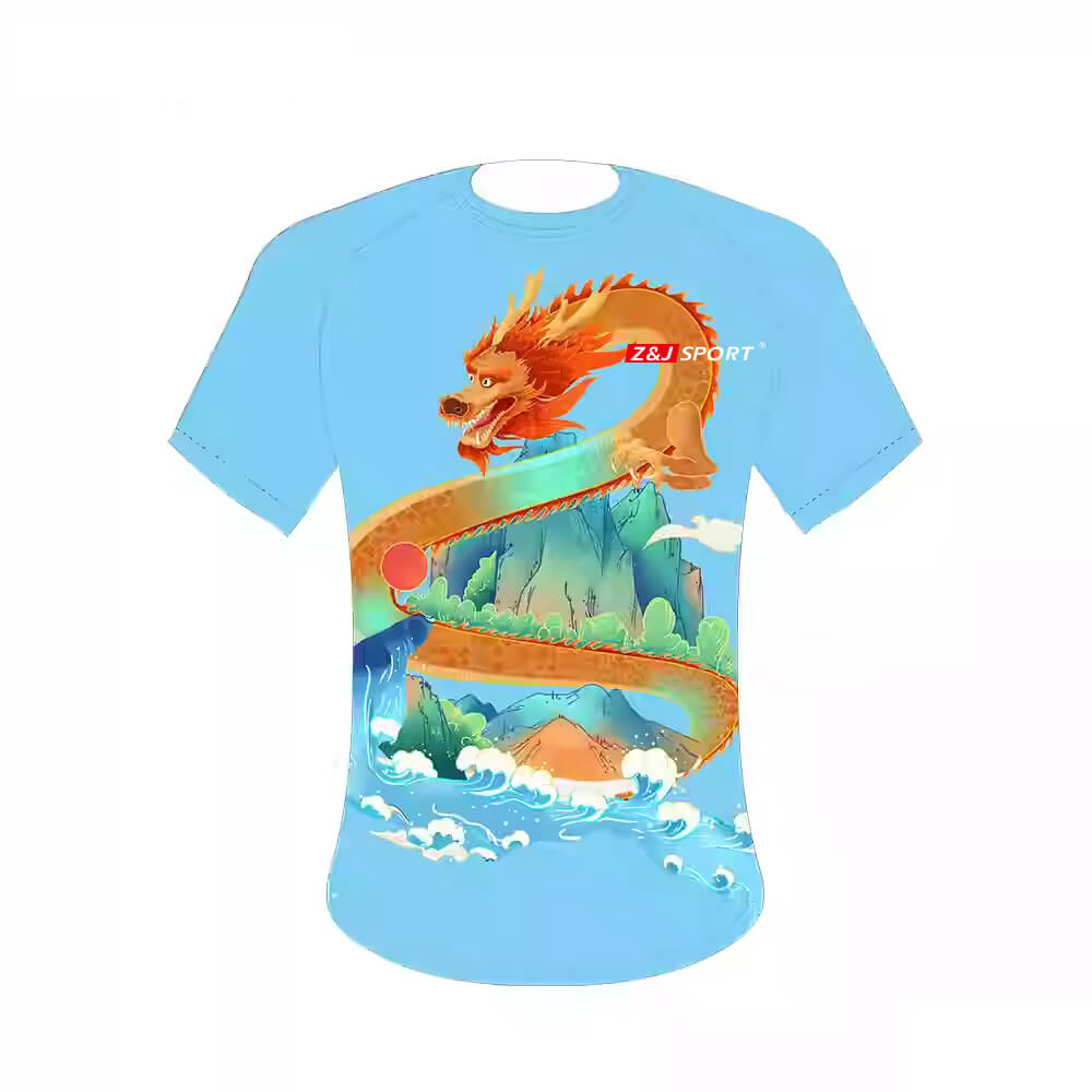 This light blue ZJ Dragon Boat T-Shirt, designed for our team apparel, showcases a vibrant dragon artwork with mountains and waves. A red and white Z&J SPORT logo is placed on the upper right side of the back.
