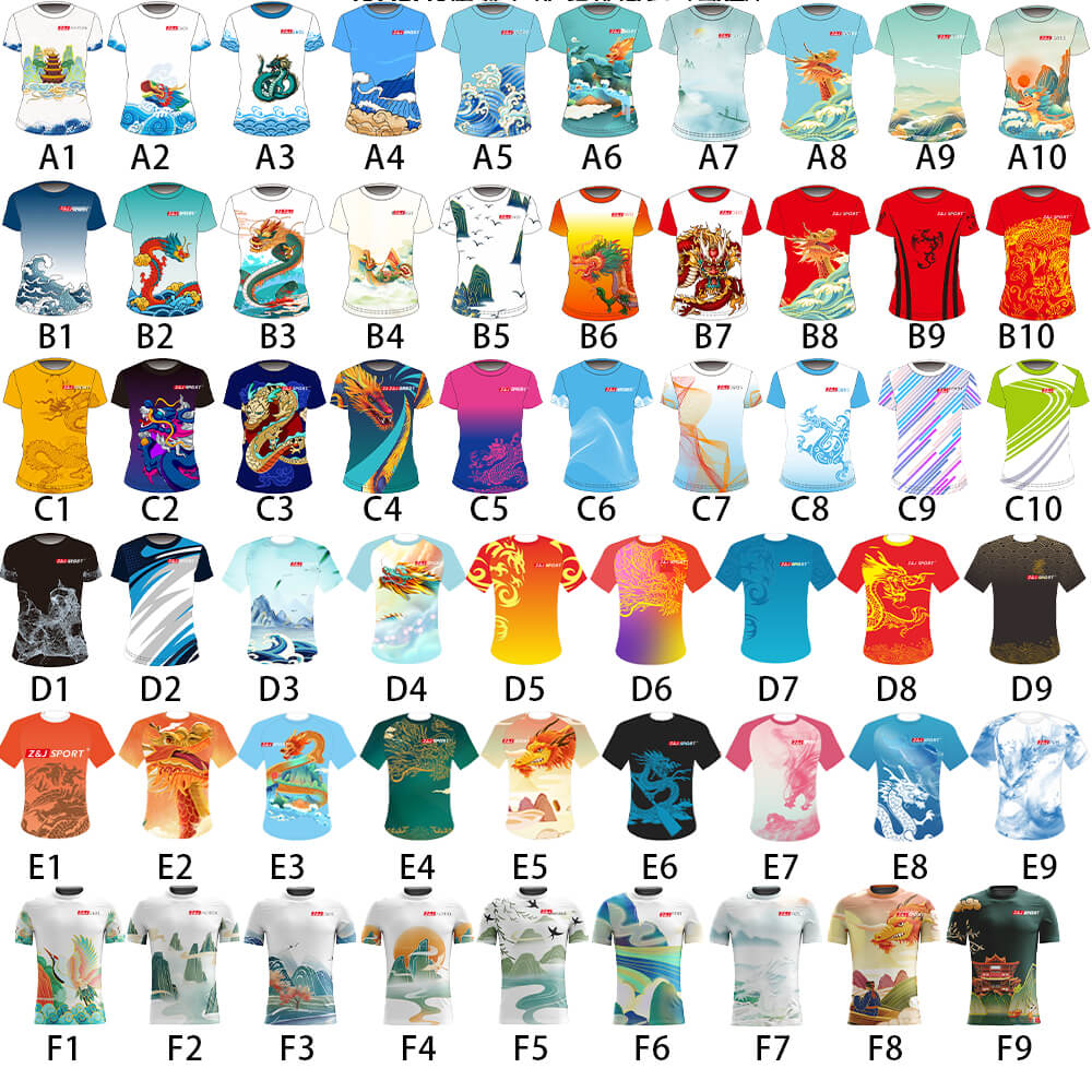 A grid of 54 vibrant ZJ Dragon Boat T-Shirts Custom Made Dragon Boat Team Apparel Short Sleeve is arranged in six rows and nine columns, showcasing unique designs from abstract art to nature themes. Each shirt is labeled by position, such as A1, B2, or C3.