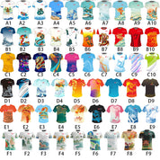 A grid of 54 vibrant ZJ Dragon Boat T-Shirts Custom Made Dragon Boat Team Apparel Short Sleeve is arranged in six rows and nine columns, showcasing unique designs from abstract art to nature themes. Each shirt is labeled by position, such as A1, B2, or C3.