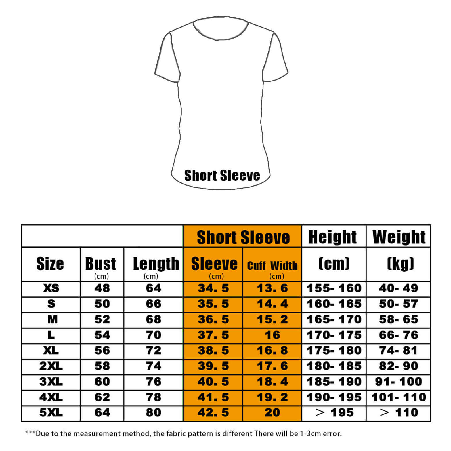 The ZJ Dragon Boat T-Shirts size chart, ranging from XS to 5XL, shows bust, length, sleeve, and cuff width in cm alongside height and weight guidelines (with a 1-3 cm error note), ideal for customizing team apparel.