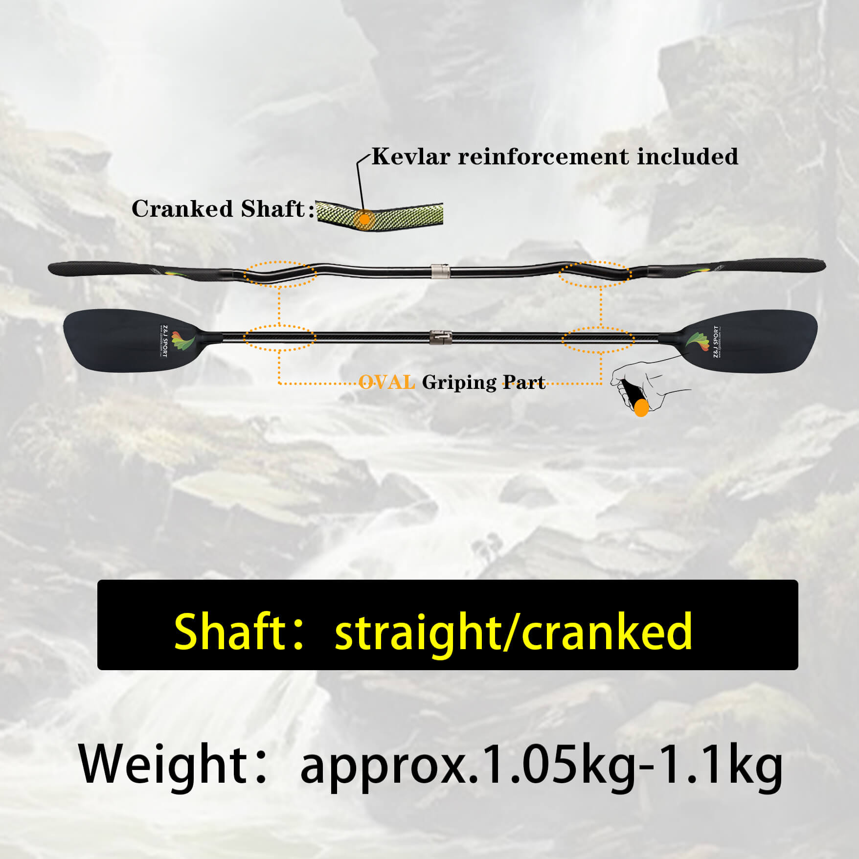 Image of the ZJ SG Carbon Whitewater Kayaking Paddle by ZJ SPORT, featuring straight and cranked shaft options, Kevlar reinforcement, oval grip, and a carbon fiber blade. Weighing 1.05kg-1.1kg, its durable design is enhanced against a blurred natural backdrop for whitewater use.