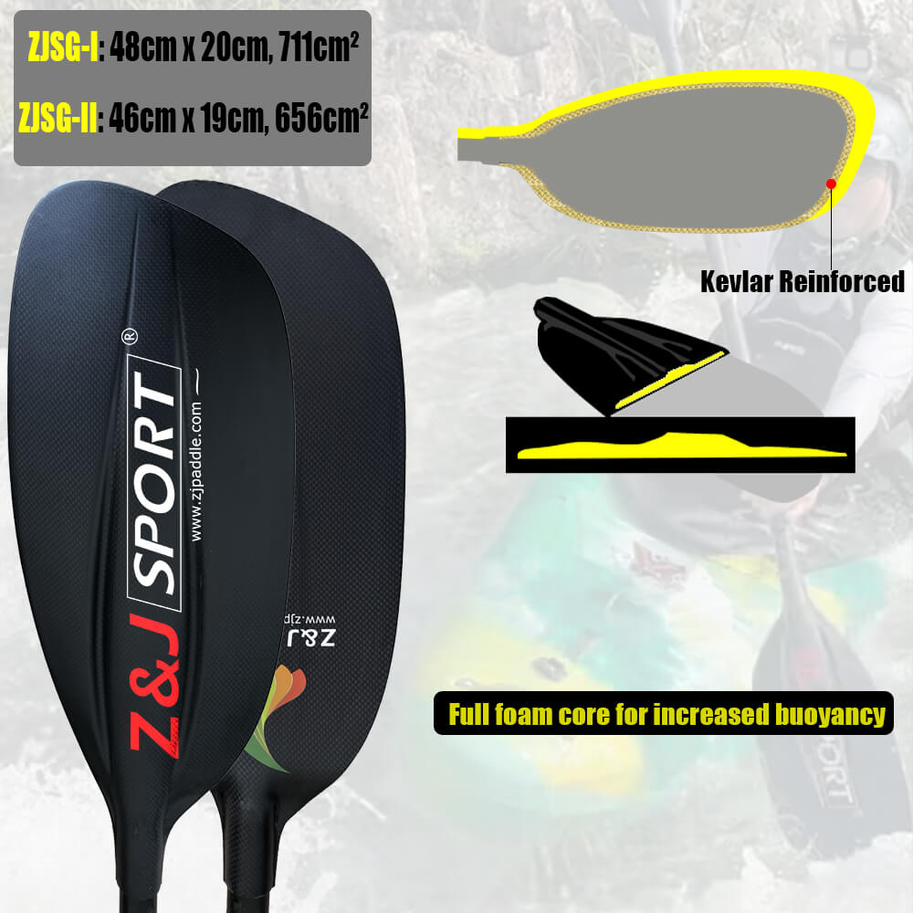 Two black ZJ Sport kayak paddles feature a red and white logo. The ZSG-I and ZSG-II models have Kevlar reinforcement, a full PMI foam core for buoyancy, and carbon fiber blades for strength. Ideal for whitewater paddlers, with blurred kayakers in the background.