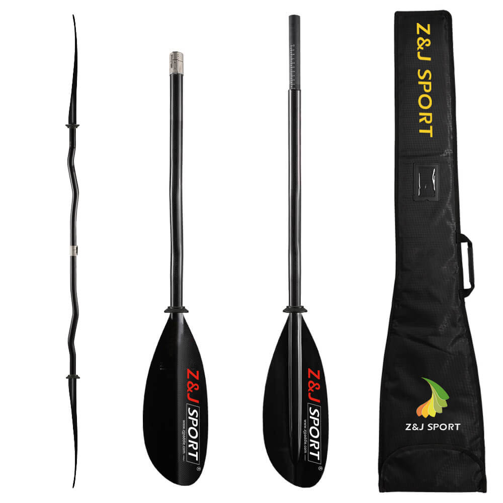 The ZJ SPORT SKD-II, a black and silver sea kayak paddle branded in red and yellow, disassembles into three pieces. It has two asymmetrical carbon fiber blades and a central shaft. A black carrying bag with the matching branding is elegantly displayed on the right.