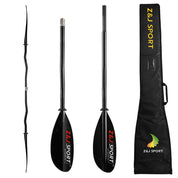 The ZJ SPORT SKD-II, a black and silver sea kayak paddle branded in red and yellow, disassembles into three pieces. It has two asymmetrical carbon fiber blades and a central shaft. A black carrying bag with the matching branding is elegantly displayed on the right.