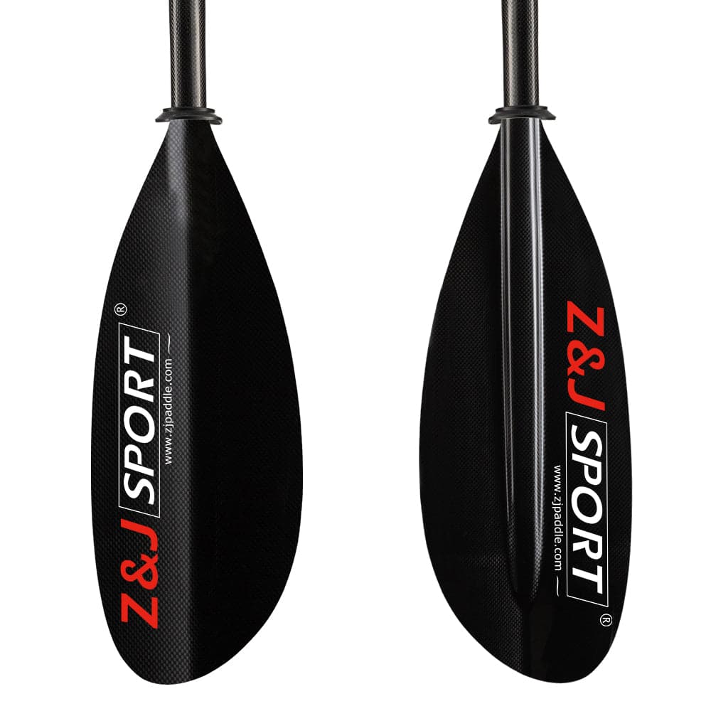 Two black kayak paddles with ZJ SPORT red branding feature sleek asymmetrical blades, hinting at their sea kayaking pedigree. Positioned vertically on a white backdrop, these ZJ 2 Piece / 4 Piece Carbon Fiber Sea Kayak Paddles (SKD-II) embrace carbon fibers strength.