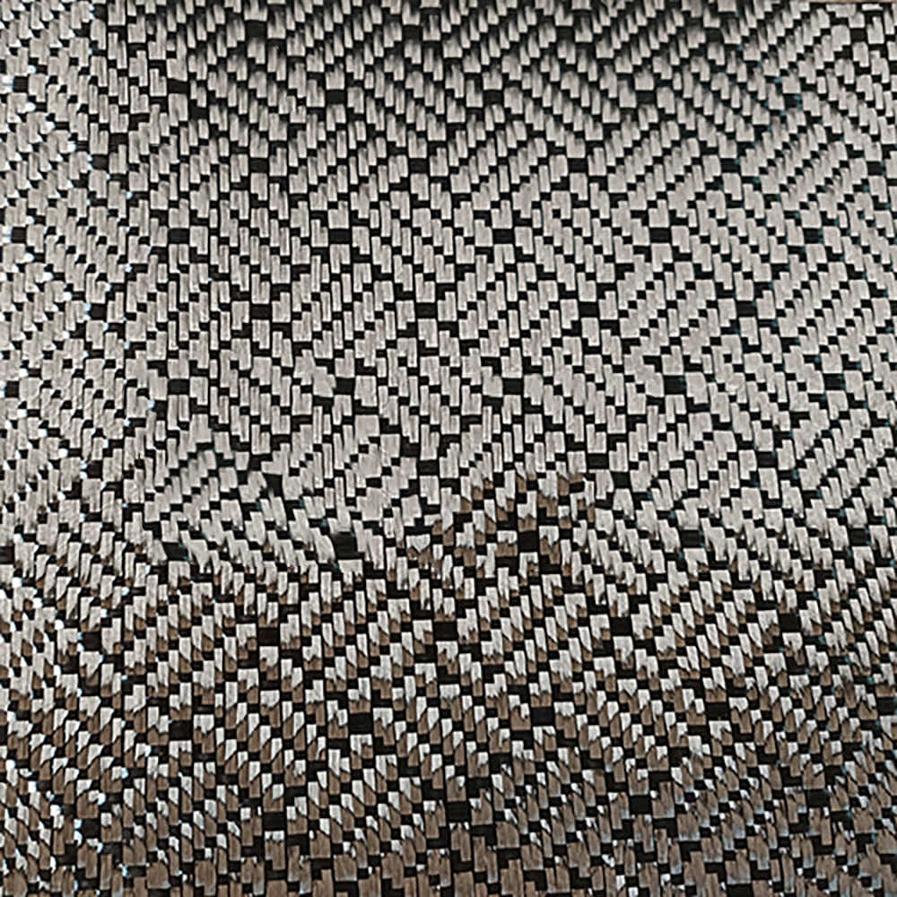 A close-up view of ZJ SPORTs New Black 3K Carbon Fiber Fabric (1m*5m) reveals a textured surface with interlocking rectangular shapes, reminiscent of intricately woven carbon cloth. The uniform 3D metallic appearance offers depth and complexity, akin to precise packing.