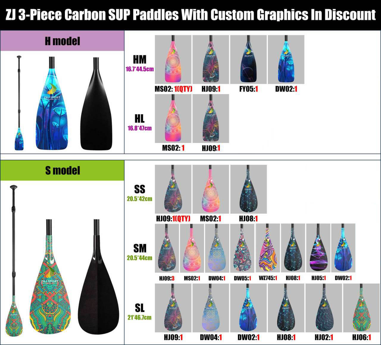A chart displays ZJ SPORTs ZJ 3-Piece Carbon SUP Paddles With Custom Graphics, highlighting models like MS02: 1QTY(1). Sorted by models HM, HL, SS, SM, SL with customizable lengths and carbon fiber construction for versatile use.