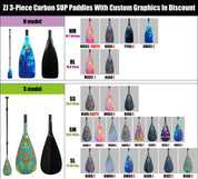 A chart displays ZJ SPORTs ZJ 3-Piece Carbon SUP Paddles With Custom Graphics, highlighting models like MS02: 1QTY(1). Sorted by models HM, HL, SS, SM, SL with customizable lengths and carbon fiber construction for versatile use.