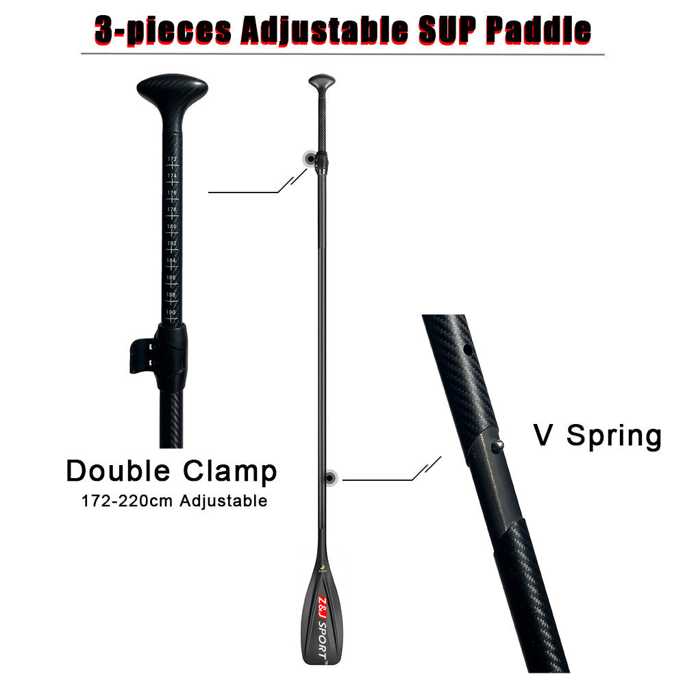 Image of the ZJ SPORT 3-piece adjustable carbon fiber SUP paddle with Vibe Blade, featuring a double clamp for length adjustment (172-220 cm) and a V spring mechanism. The sleek black design includes detailed shots of its handle, clamp, and V-shaped rib spring section.