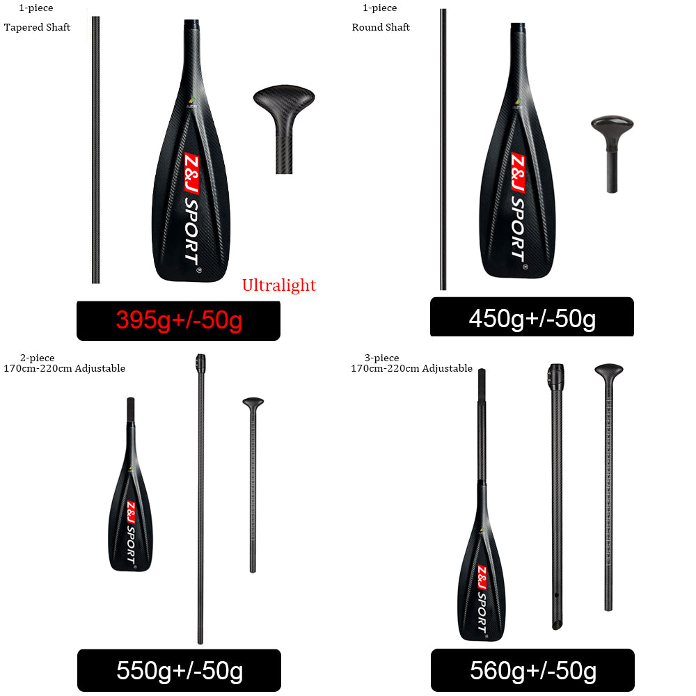 Image of ZJ SPORT paddle gear: Top left - 1-piece tapered carbon shaft, 395g; Top right - 1-piece round shaft, 450g; Bottom left - adjustable length with V-ribbed blade, 550g; Bottom right - 3-piece adjustable paddle, 560g. All part of the ZJ fixed Carbon Sup Paddle range.