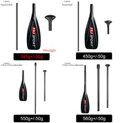 Image of ZJ SPORT paddle gear: Top left - 1-piece tapered carbon shaft, 395g; Top right - 1-piece round shaft, 450g; Bottom left - adjustable length with V-ribbed blade, 550g; Bottom right - 3-piece adjustable paddle, 560g. All part of the ZJ fixed Carbon Sup Paddle range.