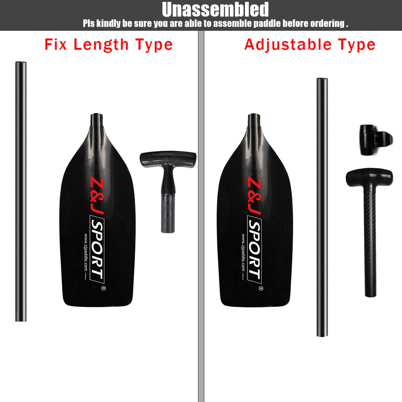 The image shows two unassembled black paddles from zijie. Left: a three-part fixed-length ZJ Canoe Whitewater Rafting Paddle. Right: a four-part adjustable full carbon paddle. Text advises assembly before ordering.