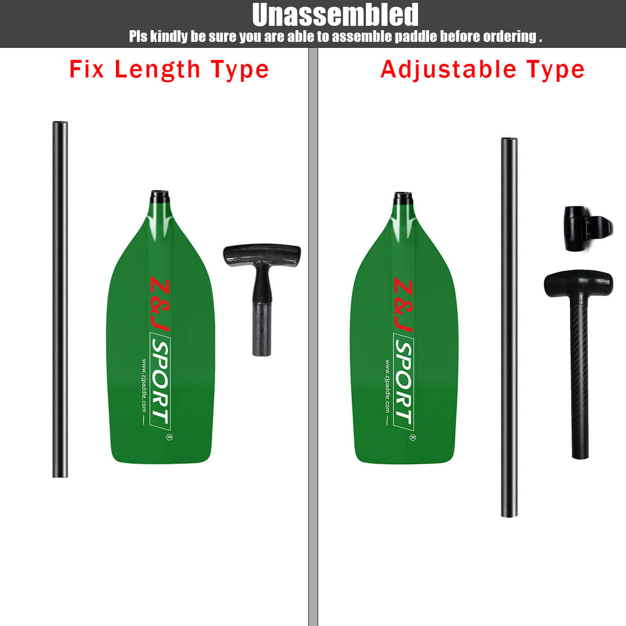 Two types of kayak paddles are shown: the Fix Length Type has a translucent fiberglass blade and handle by zijie, while the Adjustable Type features a prepreg carbon fiber shaft, green blade, handle, and two rods. Ensure you can assemble them before ordering.
