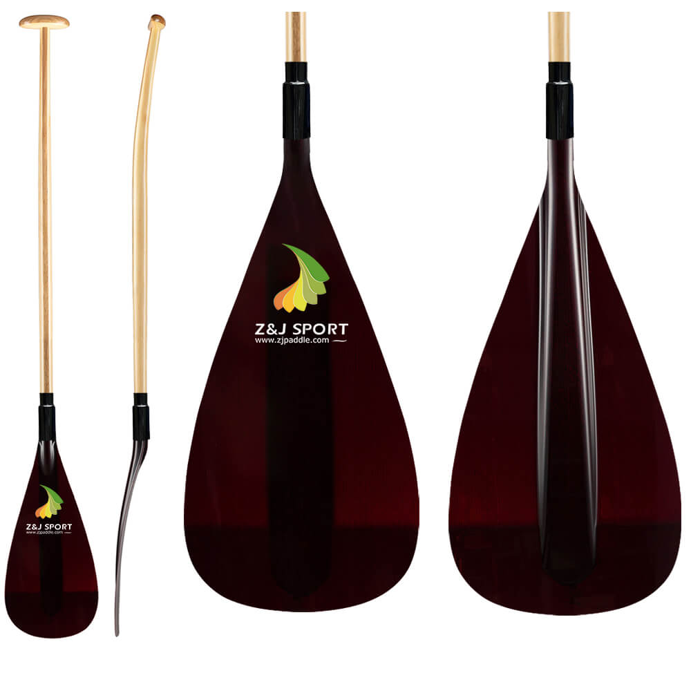Composite image of canoe paddles: Left shows a straight wood paddle with ergonomic T-handle, middle is a bent-shaft waka ama paddle side view, right features a close-up of Z&J SPORTs Hybrid Outrigger Canoe Paddle blade with green and yellow leaf design.