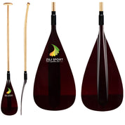 Composite image of canoe paddles: Left shows a straight wood paddle with ergonomic T-handle, middle is a bent-shaft waka ama paddle side view, right features a close-up of Z&J SPORTs Hybrid Outrigger Canoe Paddle blade with green and yellow leaf design.