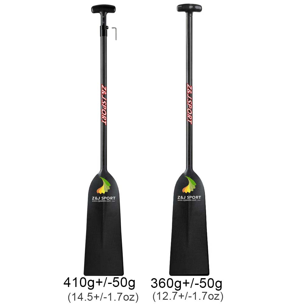 Two black ZJ SPORT Dragon Boat paddles made from sleek carbon fiber are on display. One paddle weighs 410g +/- 50g (14.5 +/- 1.7 oz), and the other is 360g +/- 50g (12.7 +/- 1.7 oz). Both feature a dihedral blade, the brand logo, and a vibrant green-yellow leaf graphic.