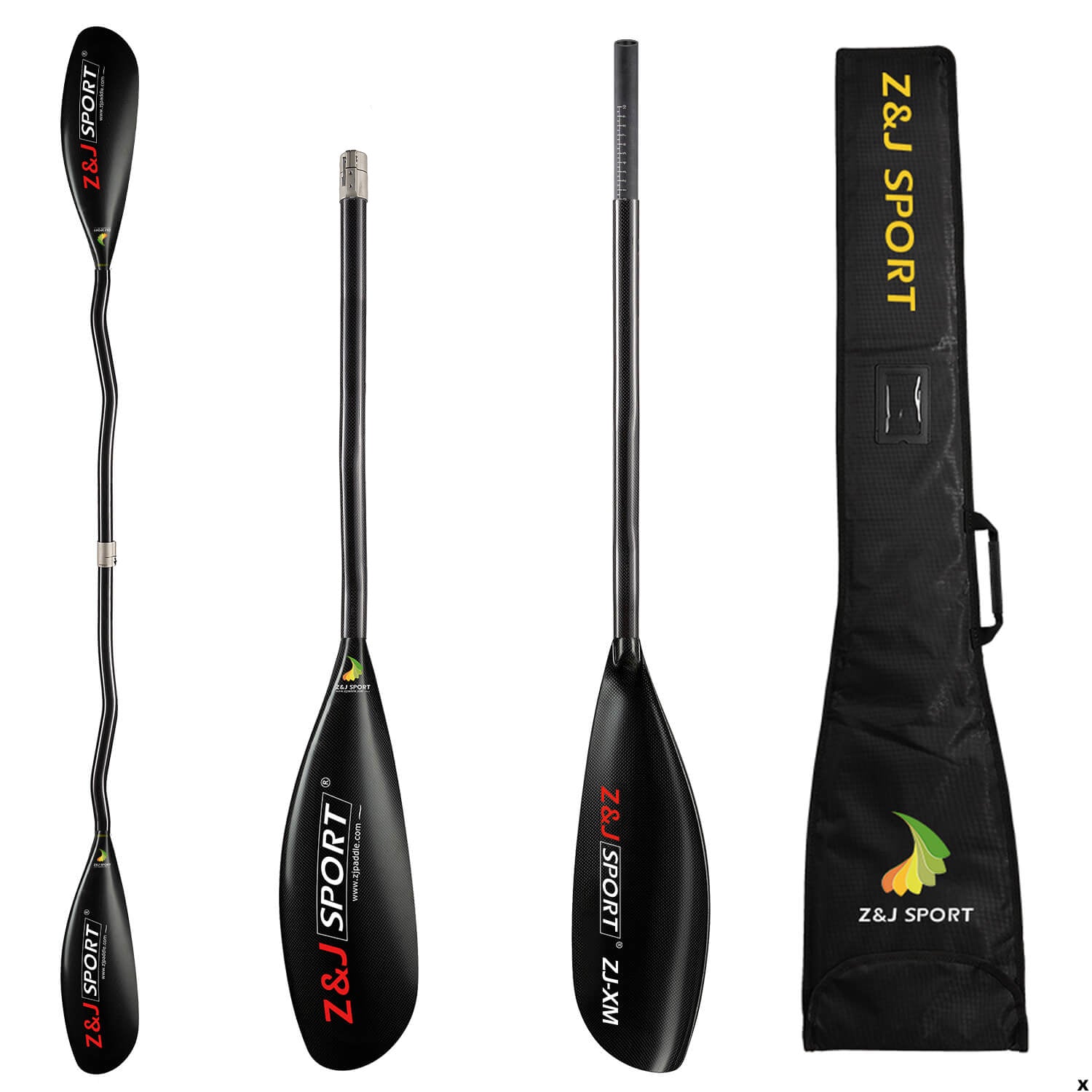 Includes a ZJ SPORT kit: ZJ X Series Carbon Fiber Kayak Surfski Paddle with a cranked shaft and reinforced blade edges, plus two asymmetrical single paddles, all in a branded carry bag.