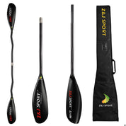 Includes a ZJ SPORT kit: ZJ X Series Carbon Fiber Kayak Surfski Paddle with a cranked shaft and reinforced blade edges, plus two asymmetrical single paddles, all in a branded carry bag.