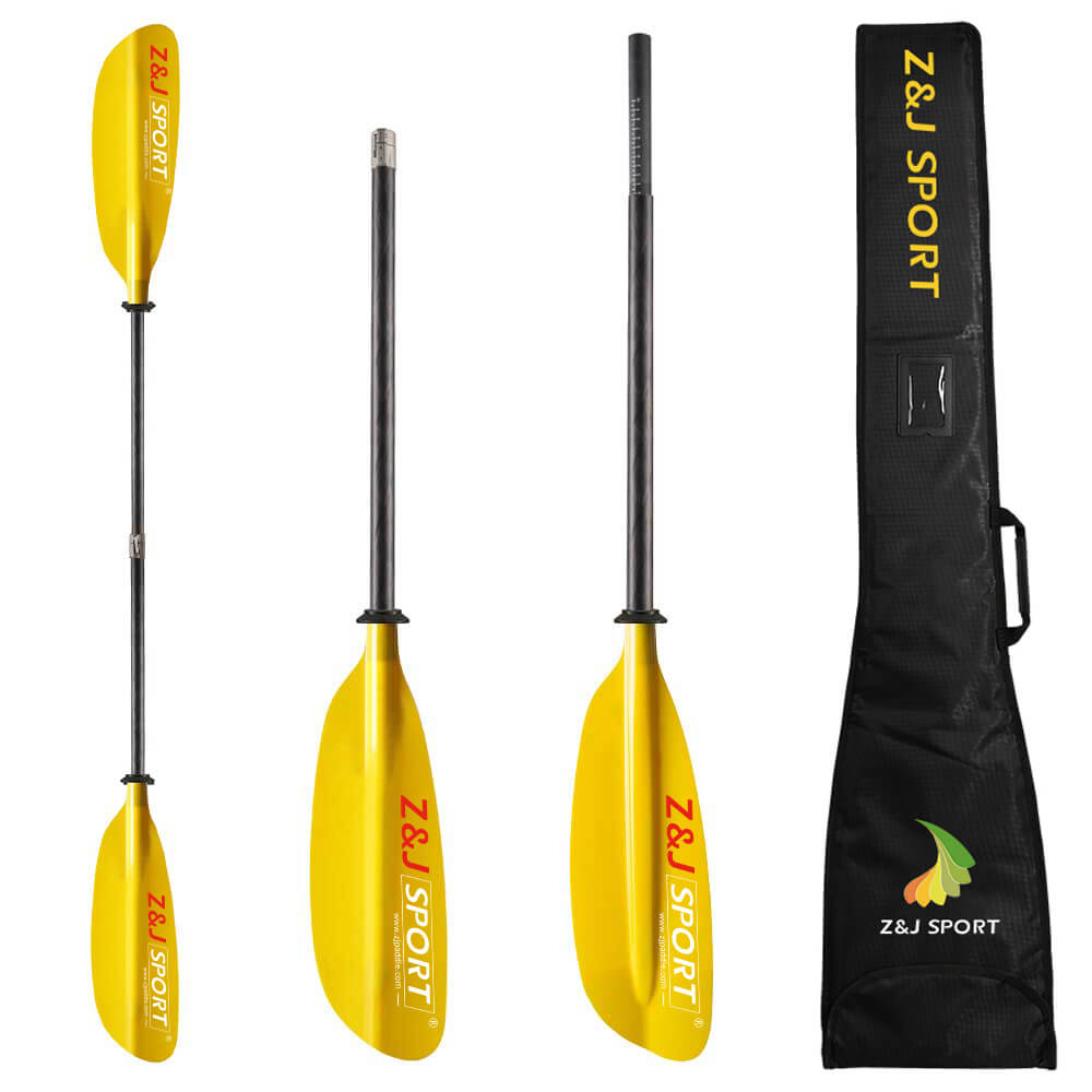  4-Piece Translucent Fiberglass Sea Kayak Paddle – Low-Angle Touring Blade (SKR-III) features yellow fiberglass blades and a carbon fiber shaft, shown assembled and disassembled. A black carrying case with logo is included.