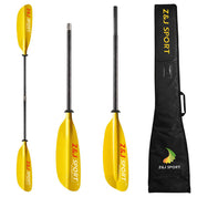 The ZJ SPORT ZJ 2-Piece / 4-Piece Translucent Fiberglass Sea Kayak Paddle – Low-Angle Touring Blade (SKR-III) features yellow fiberglass blades and a carbon fiber shaft, shown assembled and disassembled. A black carrying case with logo is included.