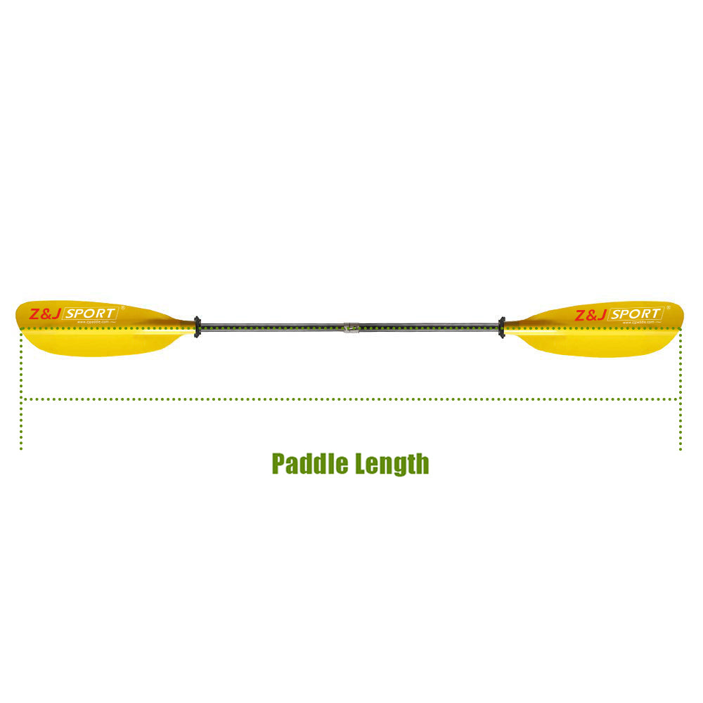 Image of the ZJ SPORT sea kayak paddle with translucent fiberglass blades and a carbon fiber shaft. Z&J Sport is on both blades. The paddle lies horizontally over a dotted green line labeled Paddle Length.