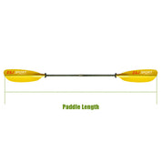 Image of the ZJ SPORT sea kayak paddle with translucent fiberglass blades and a carbon fiber shaft. Z&J Sport is on both blades. The paddle lies horizontally over a dotted green line labeled Paddle Length.