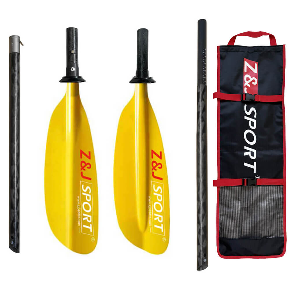 The product features two translucent fiberglass sea kayak paddles branded ZJ SPORT, with carbon fiber shafts, disassembled into handles and blades. They come with a black and red carrying bag and are available as 2-piece or 4-piece configurations.